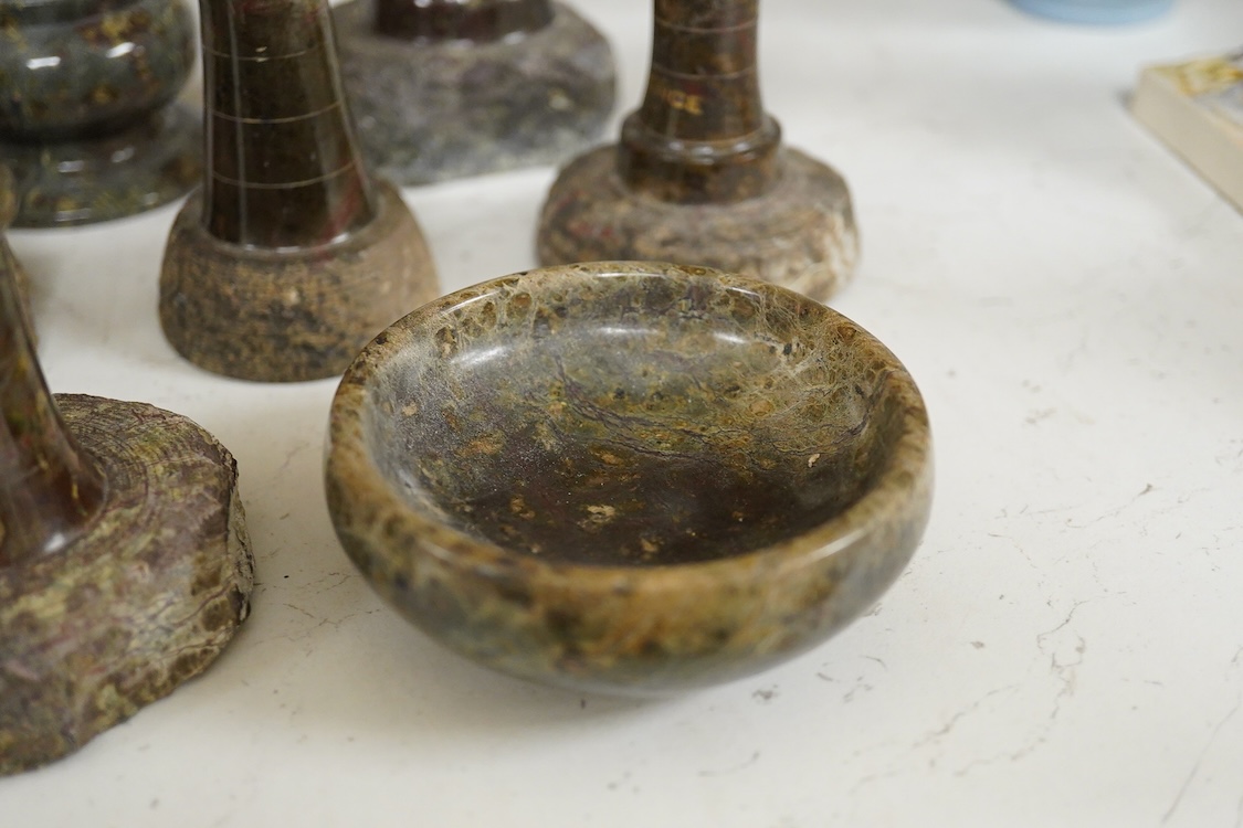 A collection of cornish serpentine to include a desk thermometer, map base and pin dish, largest 19cm high